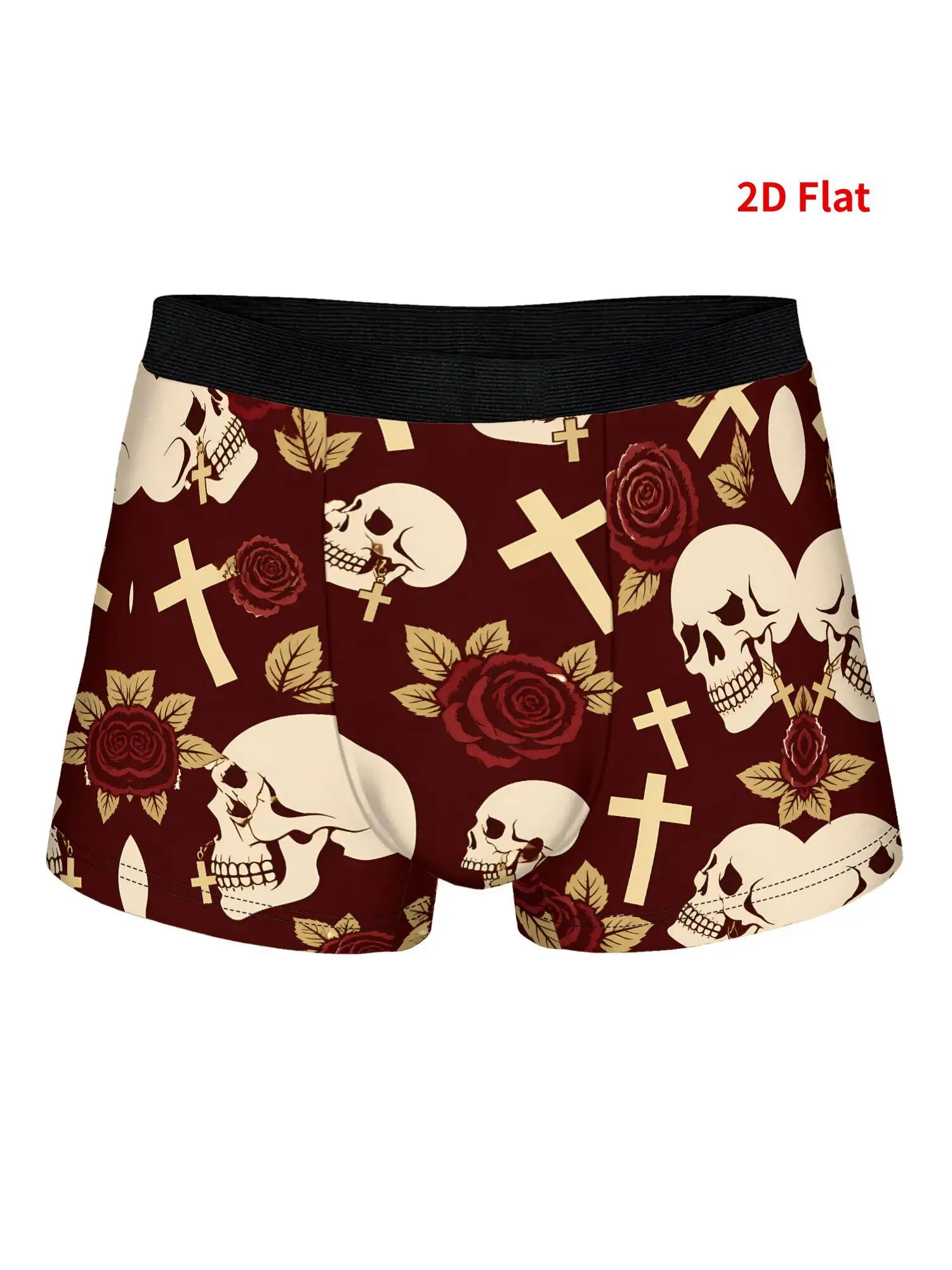 Boxer Briefs with Bright Color 2D Print, Comfortable Stretch Fit Hand Washable for Care(Skull Rose Cross Design)