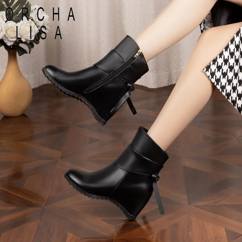 ORCHA LISA Design Women Ankle Boots Round Toe Increased Heel 5cm Zipper Plus Size 43 44 Bowknot Sweet Daily Female Short Booties