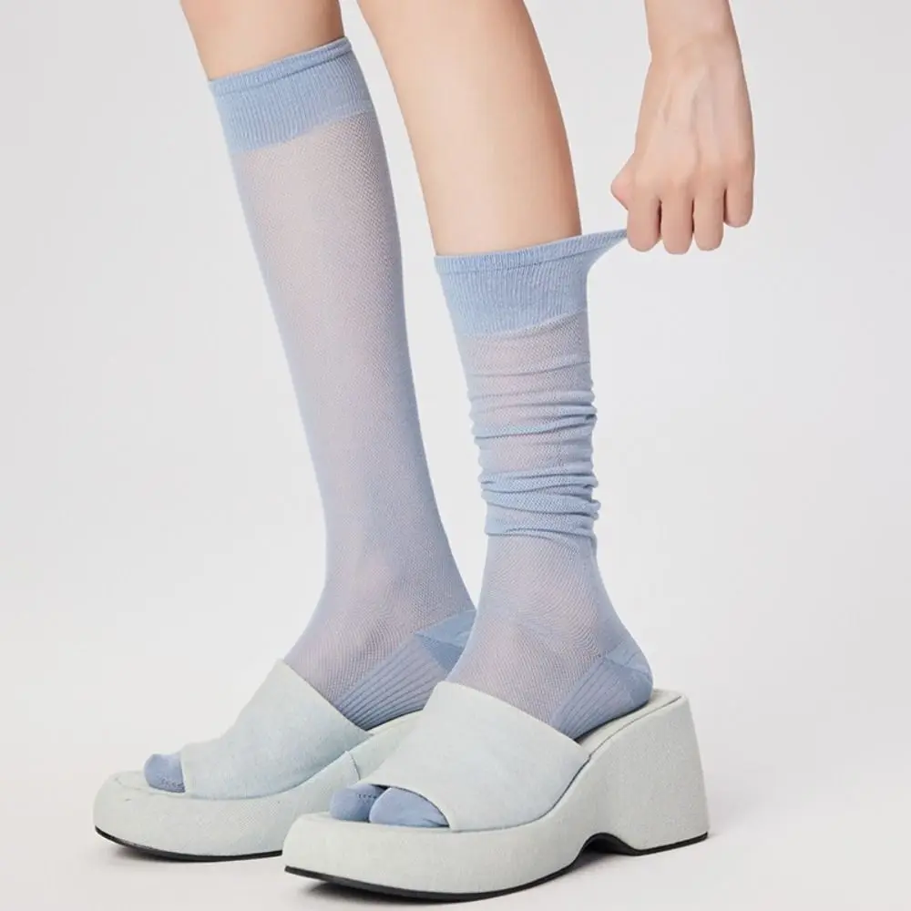 Fashion Solid Color Knee High Stockings Ultra-thin Mesh Ruffle Two Toe Socks Breathable Hosiery Calf Long Socks Women