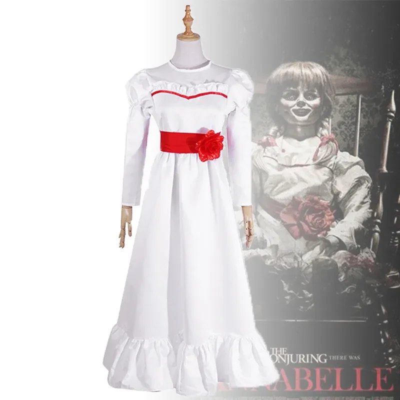 Movie Annabel Cosplay Costume for Women Kids Adult Halloween Costumes and Wig Horror Scary Fancy White Dress Outfits