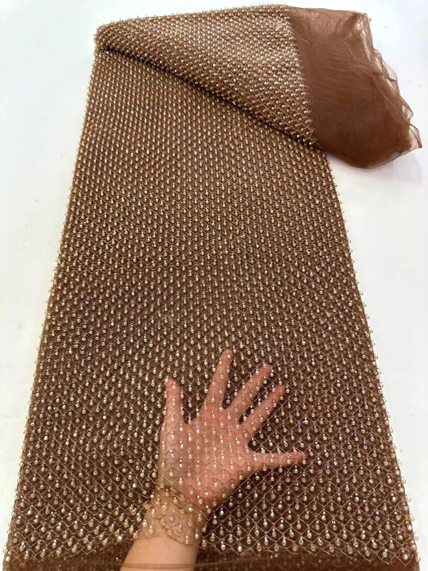 5yards African Sequins Beads Lace Fabric 2026 Brown High Quality French Mesh Tulle Embroidery Wedding Bridal Lace Material