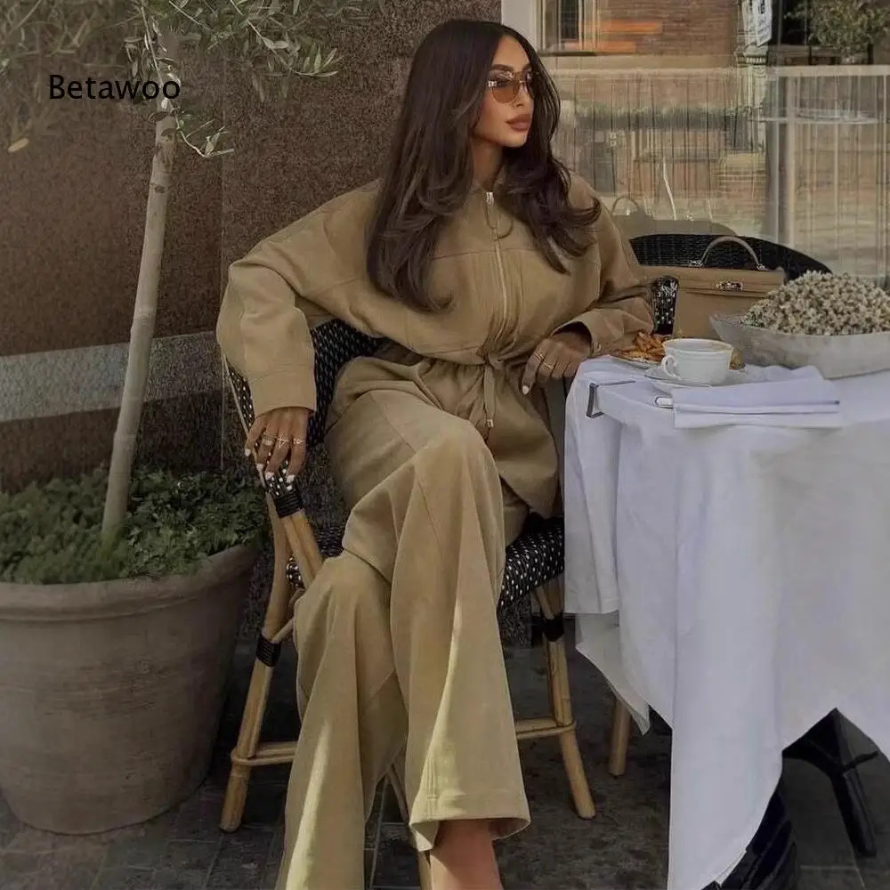 

Casual Solid Color Drawstring Waist Pocket Jacket And Elastic Waist Pant Matching Set