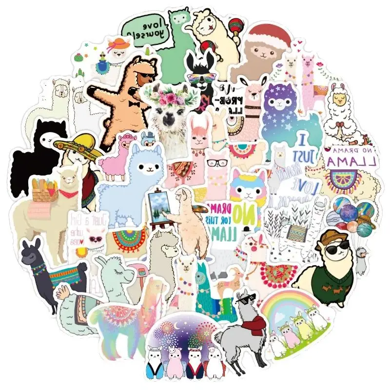 50pcs cute alpaca animation cartoon doodle laptop skateboard waterproof sticker decorative water cup