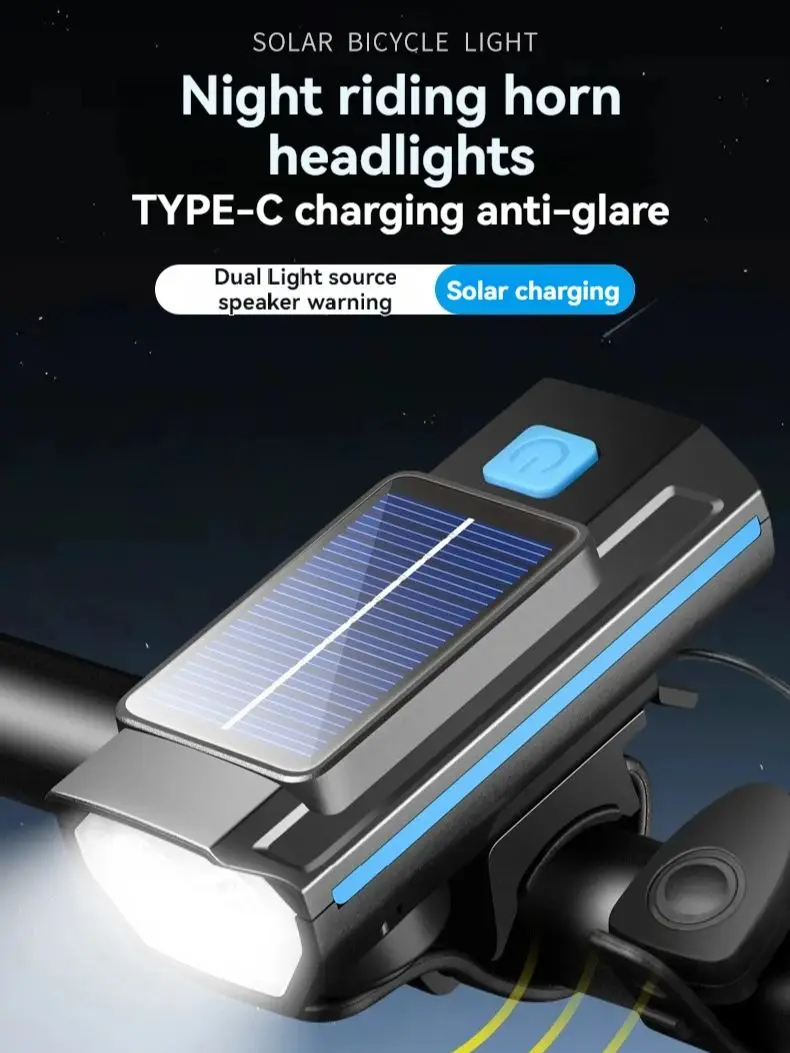 AliExpress cycle zone Solar Bicycle Light with Horn Bike Front Lamp TYPE-C Rechargeable MTB Road Bike Headlight Bicycle Flashlight Cycling Accessories