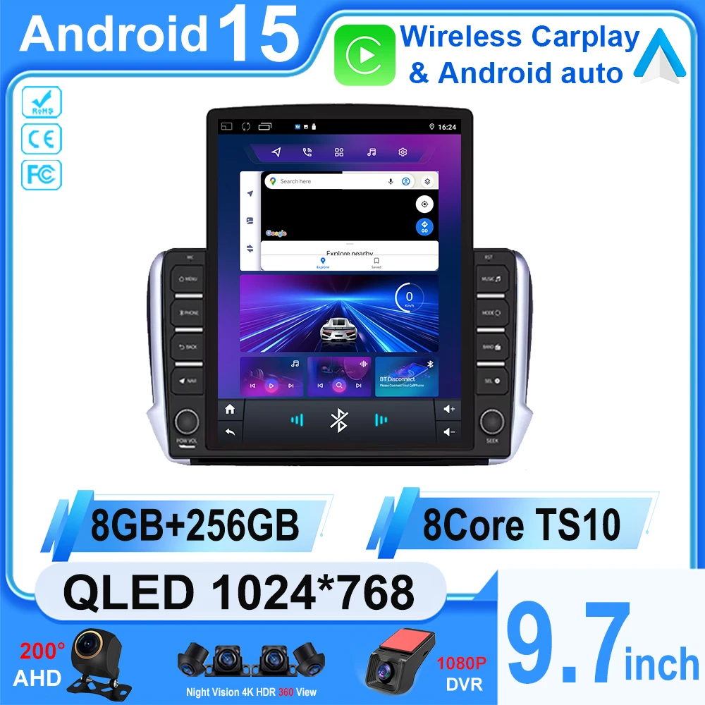 9.7 inch Android Car For Peugeot 2008 208 2012 - 2018 Multimedia Player Navigation GPS Carplay QLED Touch Screen Auto WIFI 2din