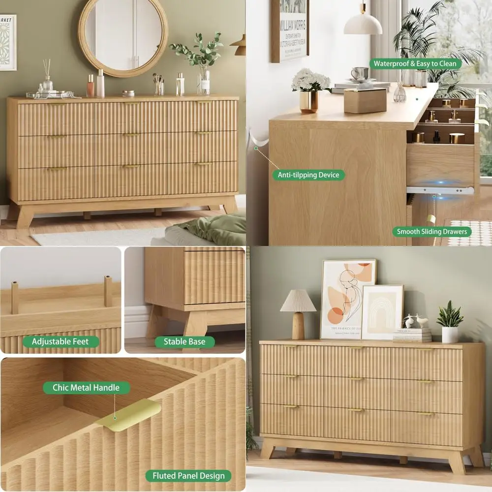 

9-Drawer Bedroom Dresser with Modern Fluted Design and Metal Handles