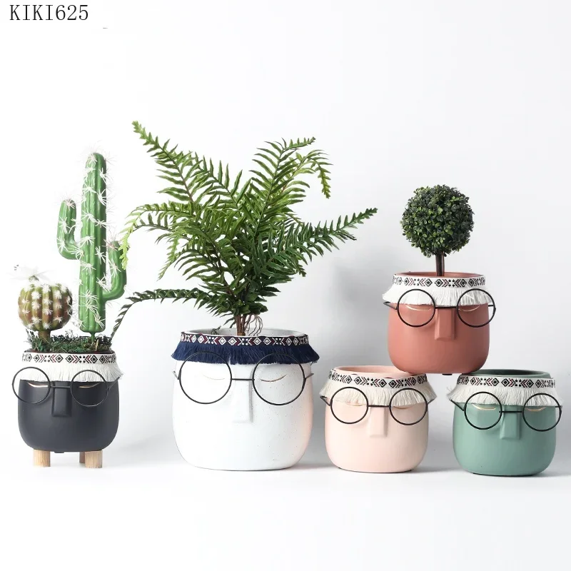 Creative Abstract Black Frame Glasses Head Ceramic Flower Pot Vase Succulents Cactus Potted Garden Decor Human Face Flower Pot