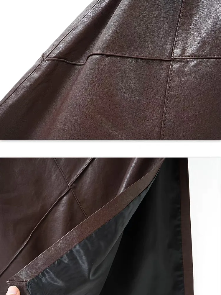 Frau Winter Echtes Leder Langen Rock Dame 80 cm Mid-Kalb Femme Natürliche Leder Diagonal Clipping Faldas Largas