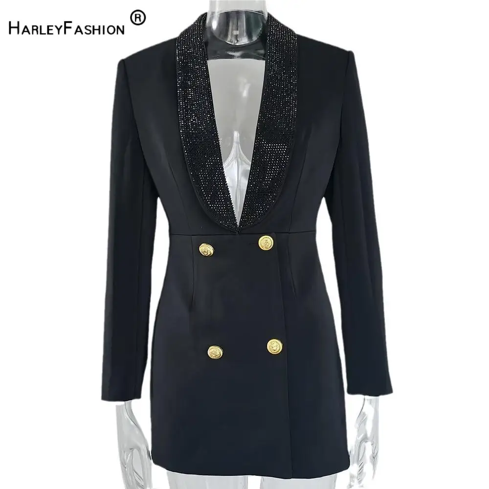 

Lady High Street Sexy Backless Fall Autumn Coat Women Hot Drilling Shawl Collar Double-breasted Office Slim Fitted Blazer