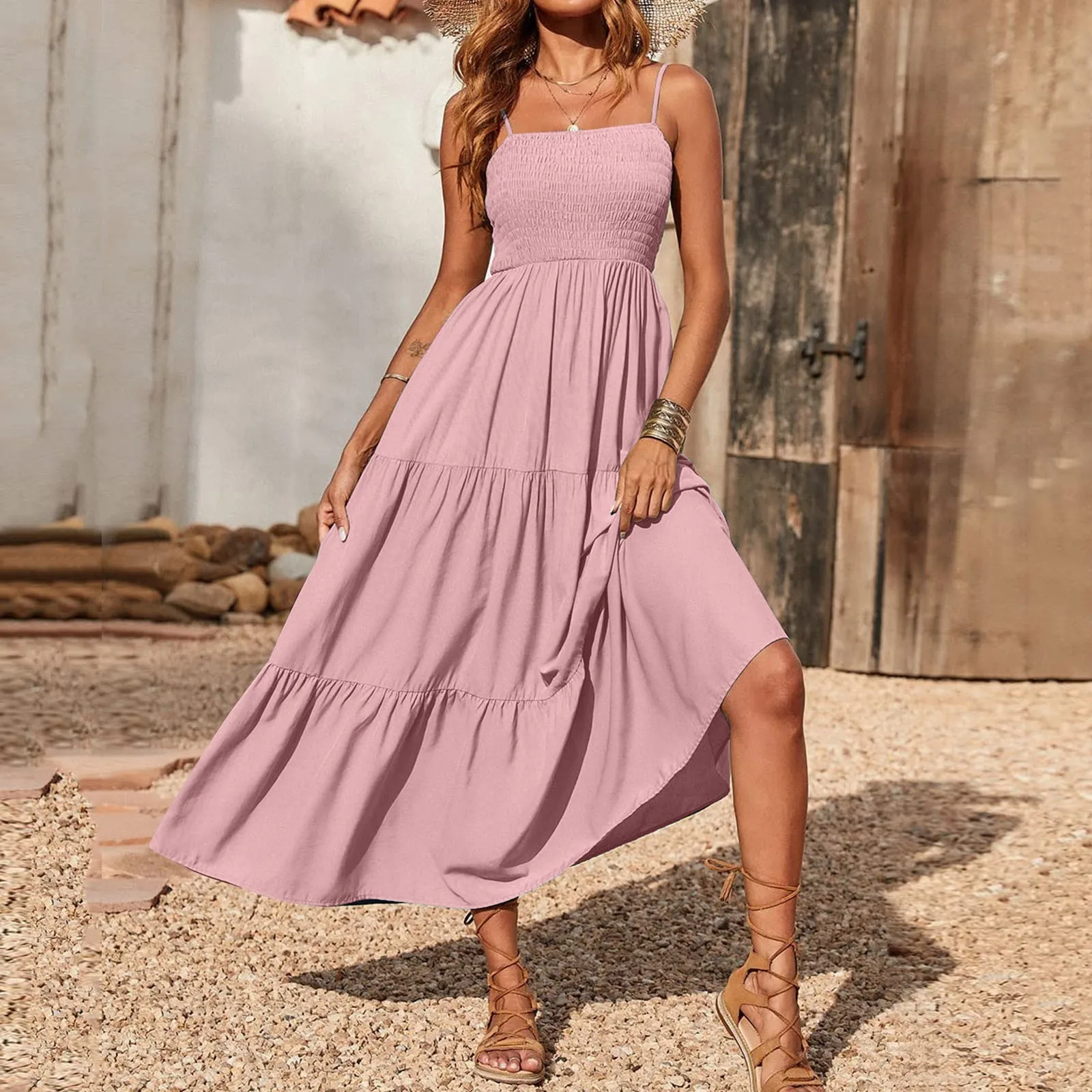 Women's Summer Dresses Spaghetti Strap Sleeveless Square Neck Ruffle A Line Swing Long Dress Solid Color Beach Casual Maxi Dress