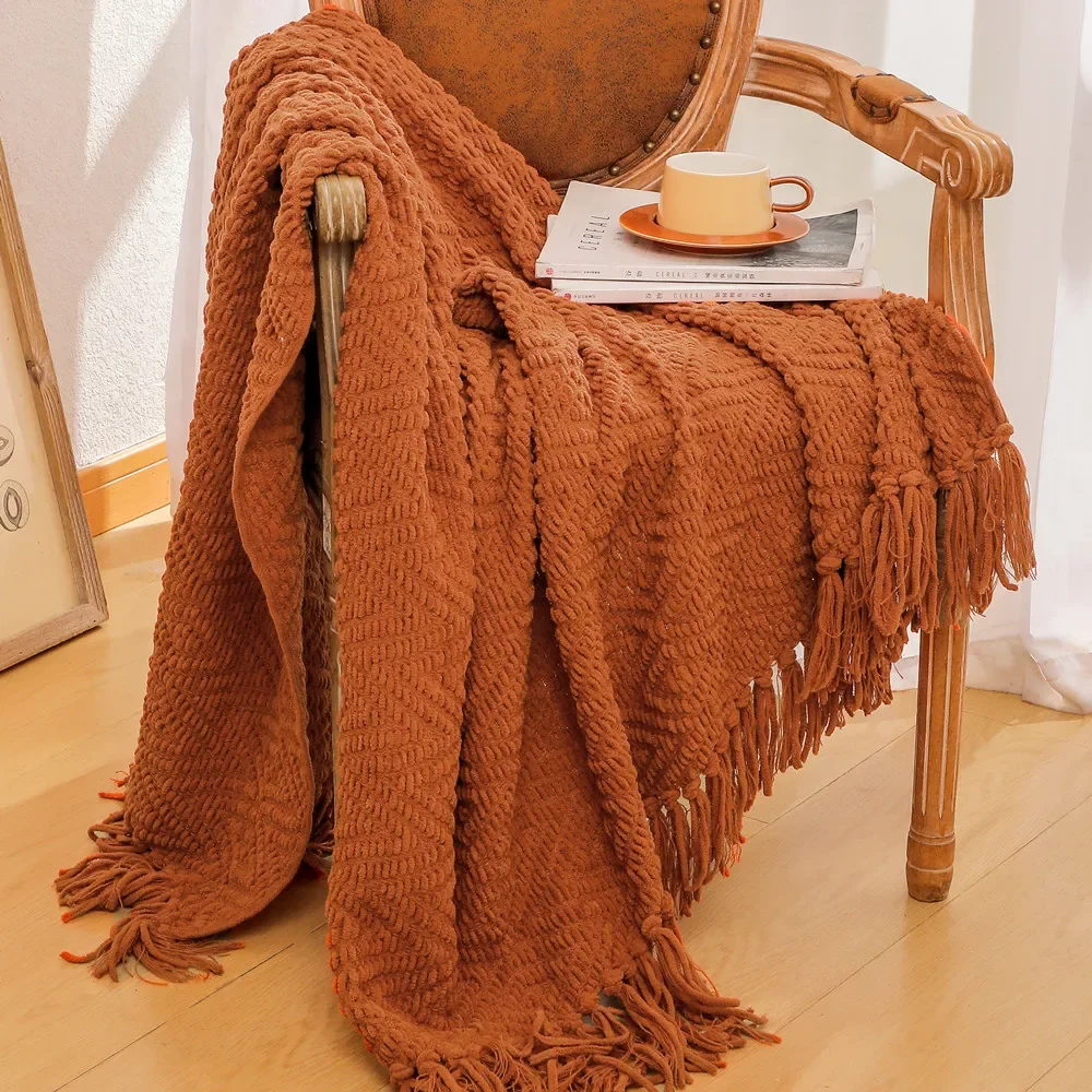 Nordic Blankets for Bed Sofa Couch Chunky Knit Bedspread Knitted Throw Blanket with Tassel Plain Color Waffle Blanket 130x170cm