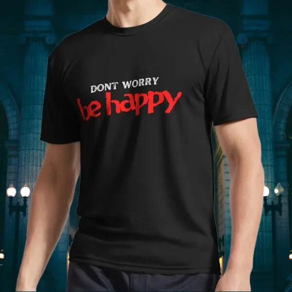 New RED AND WHITE DONT WORRY BE HAPPY Logo American T-Shirt Funny Size S to 5XL