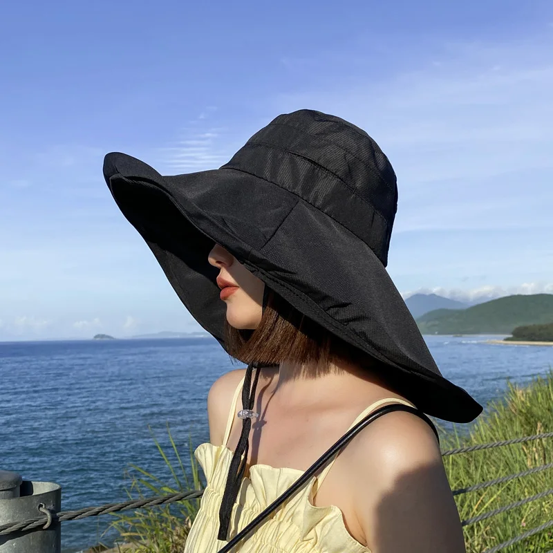 Sombrero de sol de ala grande de 18cm a la moda con cuerda para mujer, protección UV, gorra de pescador para exteriores para mujer, sombrero de