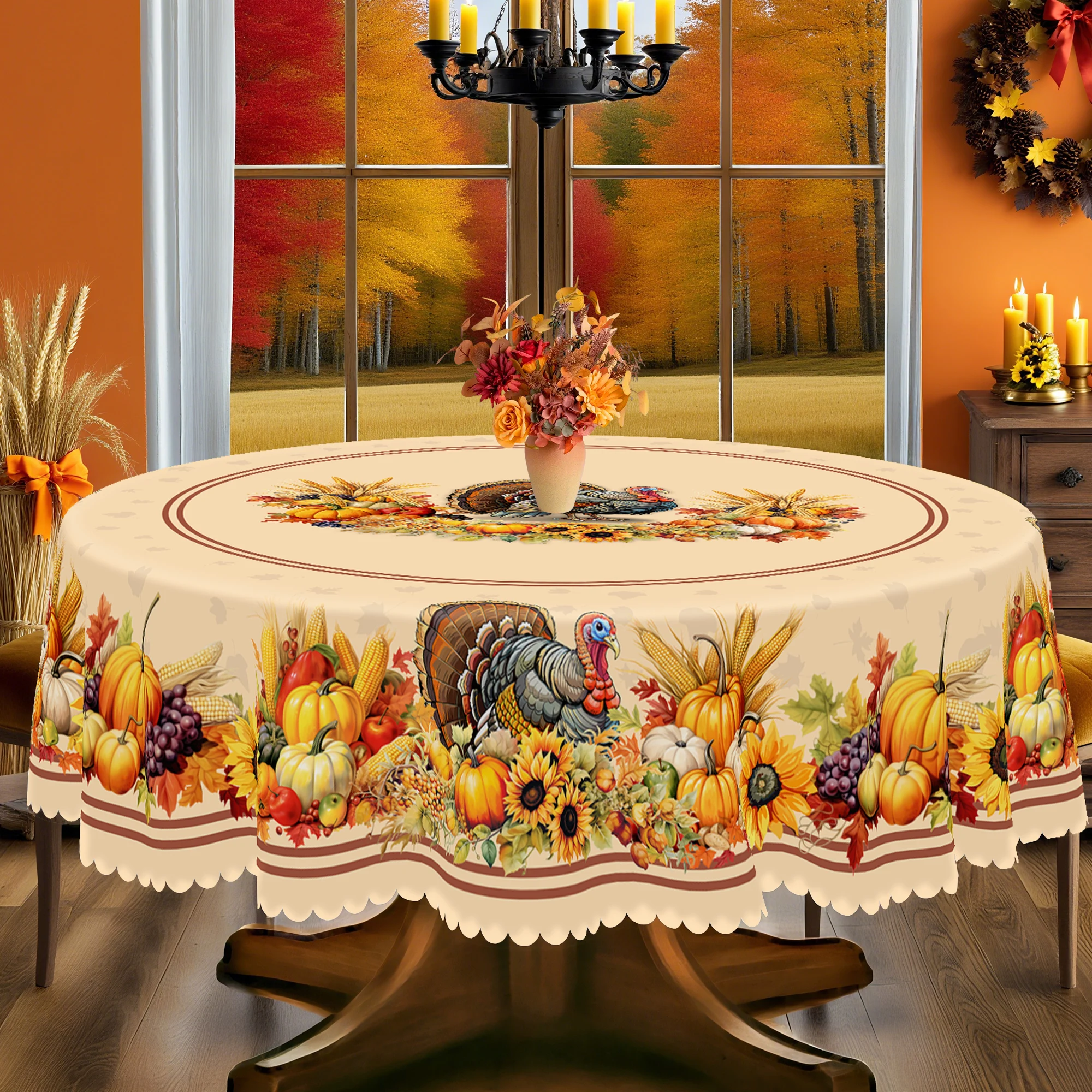 1 Piece of Autumn Thanksgiving and Autumn Harvest Festival Themed Printed Tablecloth, Vintage Country Farmhouse Style, with Turkey, Pumpkin, Maple Leaf Design, Suitable for Holiday Gatherings, Camping Picnics, Garden Bbqs, Birthday Party Decorations, Kitchen Accessories, Tablecloth for Indoor and Outdoor Use in Restaurants and Patios, Perfect Gift for Friends, Round and Rectangular Tablecloths, Available in Various Sizes