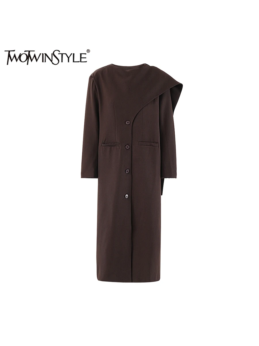 TWOTWINSTYLE Solid Asymmetrical Chic Design Trench For Women O Neck Long Sleeve Temperament Long Autumn Coats Female Fashion New