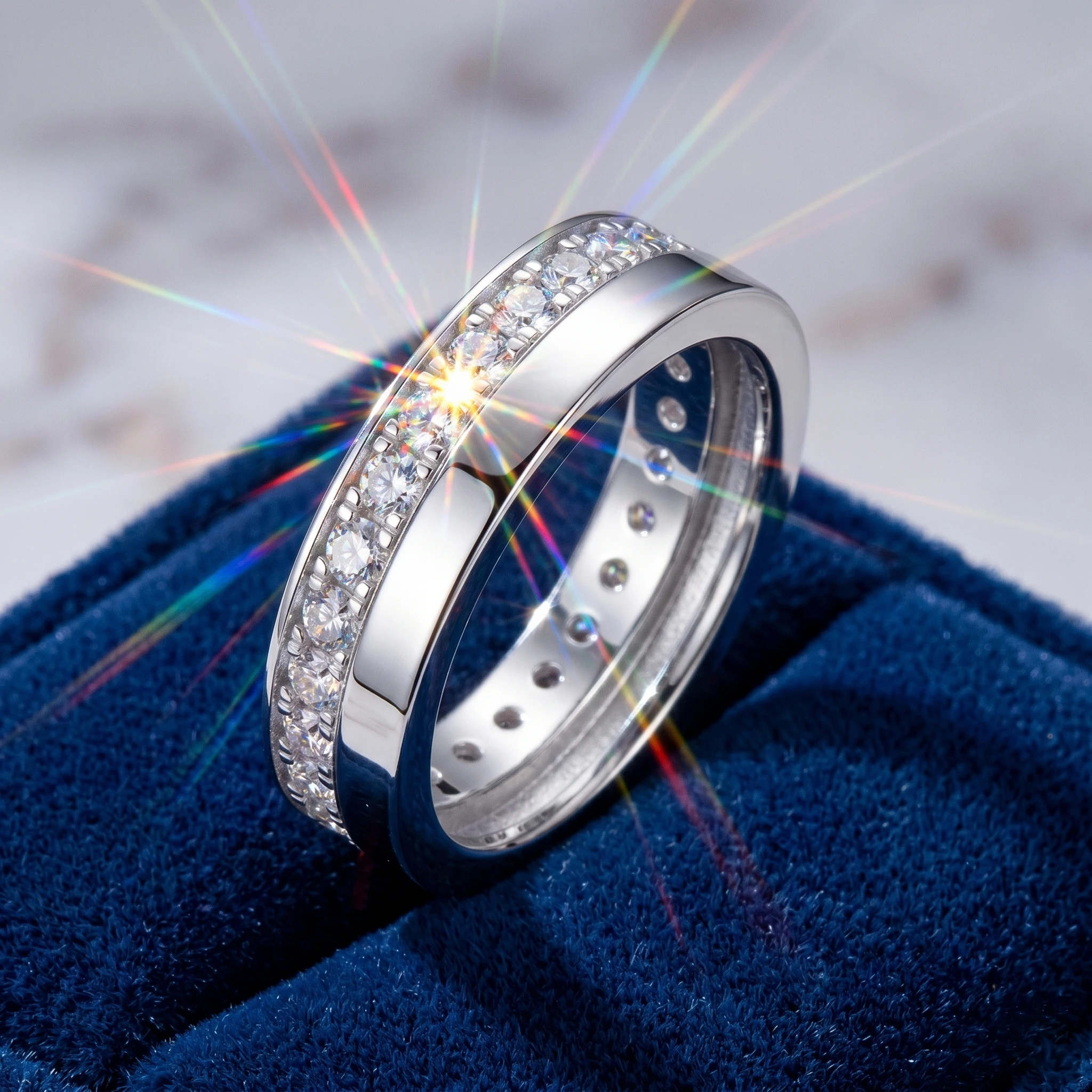 

D Color VVS1 Half Eternity Pave Moissanite Ring, 925 Sterling Silver, Minimalist, Unisex, Light Luxury Gift, With Certificate