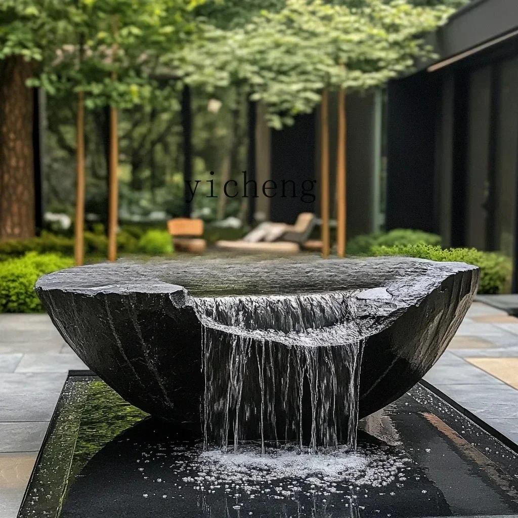 lyy  Black Mountain stone water bowl basin courtyard Chinese fountain stone carving water fountain garden  water feature
