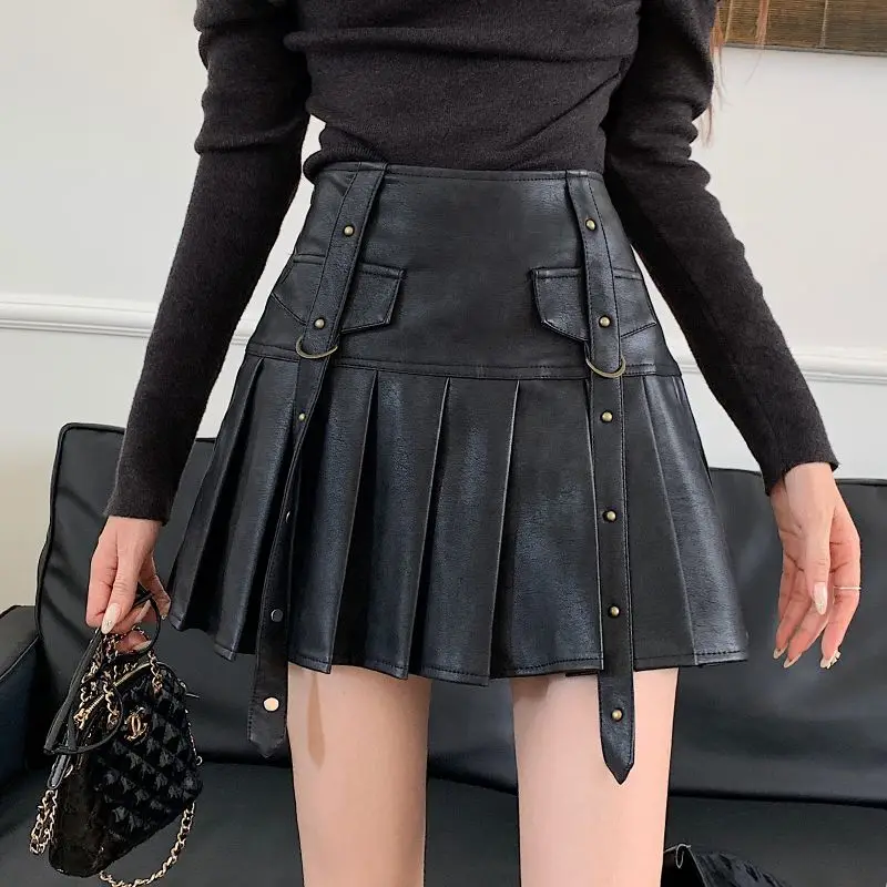 Rok A-Line kulit wanita, rok A-Line kulit hitam lipit Y2k Harajuku Korea Vintage estetika Mini rok pinggang tinggi