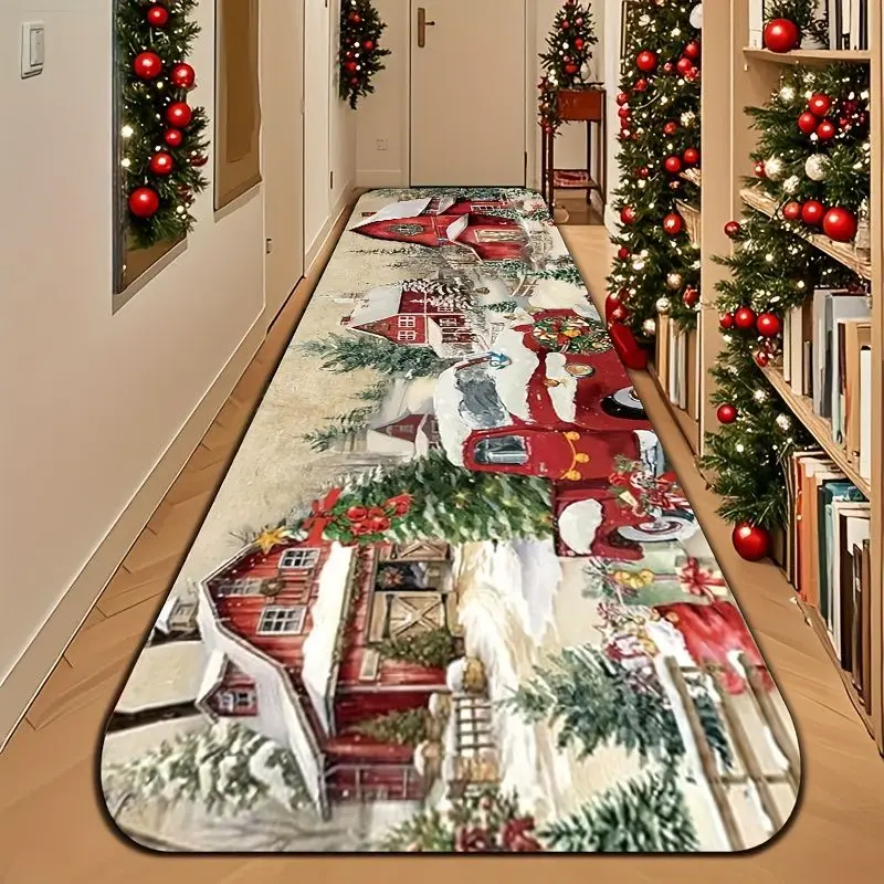 VIKAMA Christmas Runner Rug Red Barn Vintage Truck Snow Winter Scene Long Carpet Happy New Year 2027 Christmas Home Decor