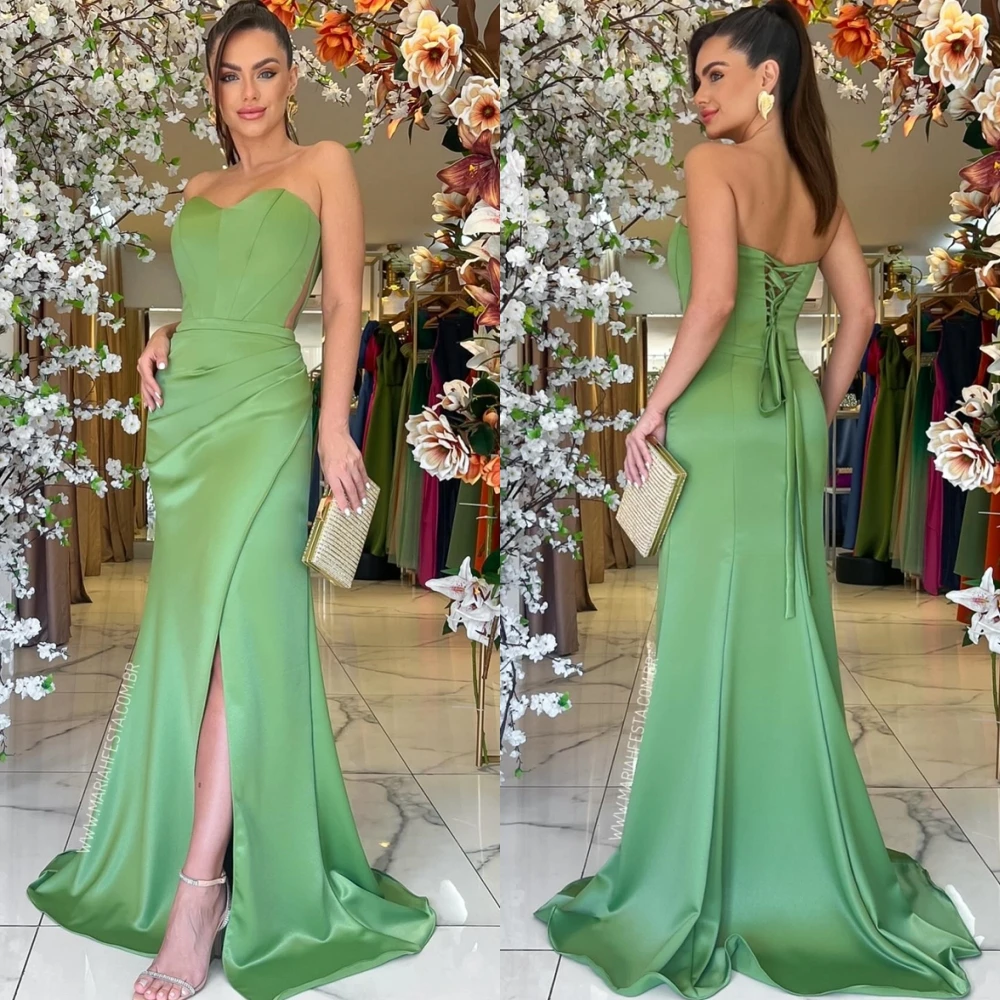 Customized Sweetheart Half Sleeves Luxury Evening Dress Mermaid Floor Length Fashion Cocktail Dress Green Lace Up Back Prom