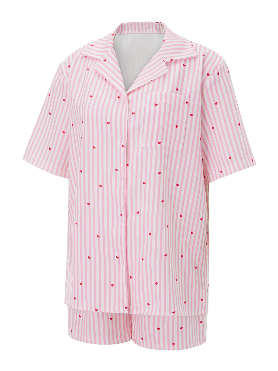 طقم صالة نسائي صيفي مكون من قطعتين بأكمام قصيرة وقميص مخطط بطبعة قلب وأكمام قصيرة #5