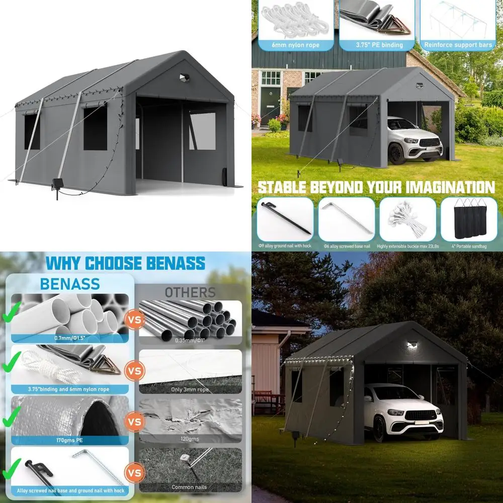 Garagem portátil resistente com portas enroladas para proteção de veículos ao ar livre - cinza, acesso à passagem