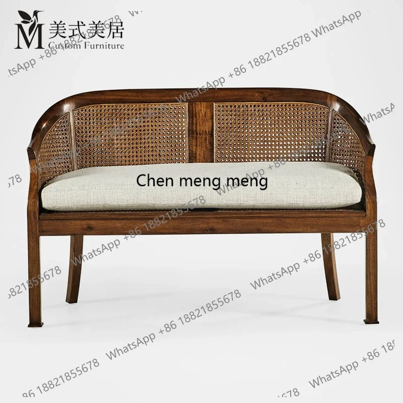 Retro style sofa chair rattan hollow backrest all solid wood removable sitting bag casual concubine change shoes