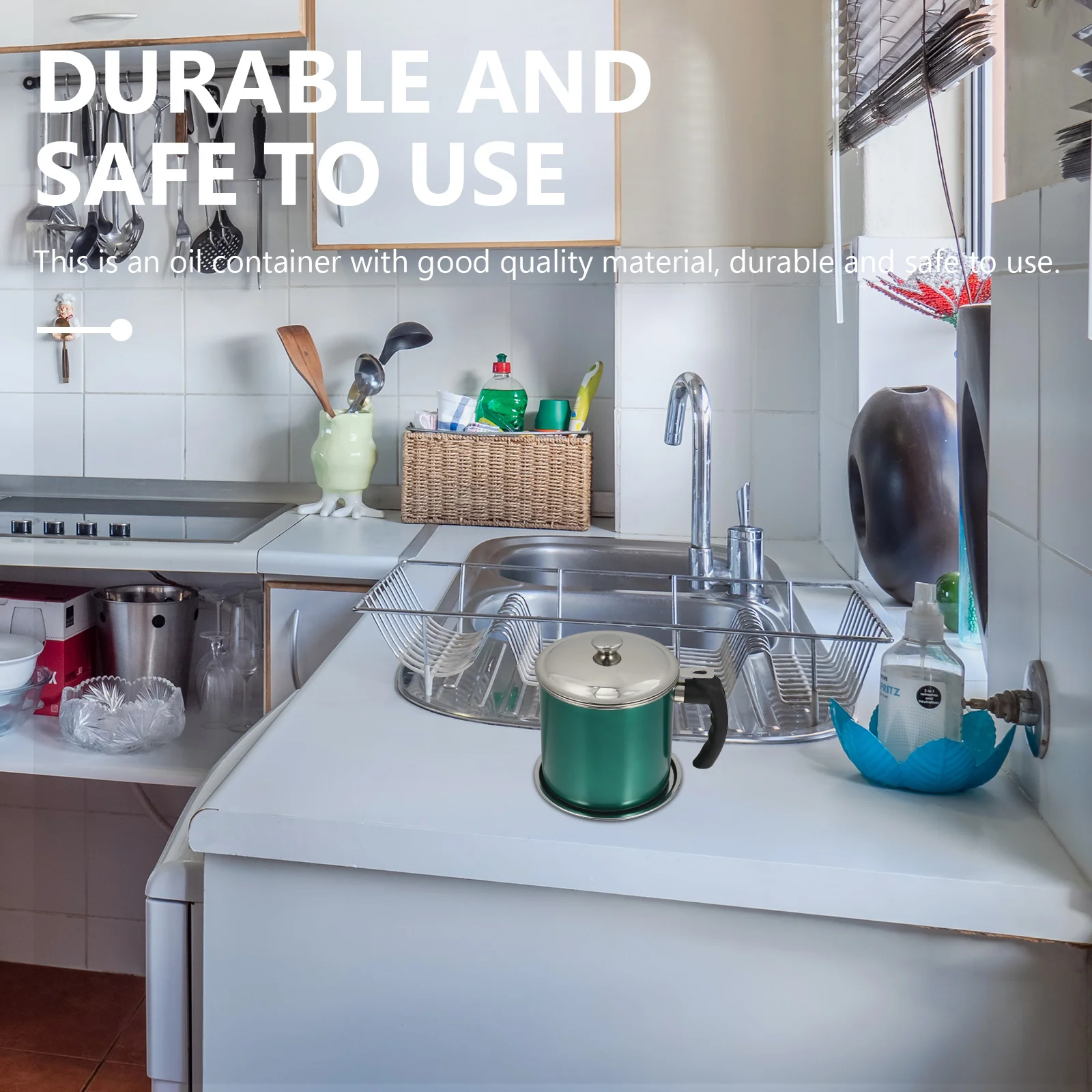 

1pc Large Capacity Filter Oil Pot Green Thickened Stainless Steel Mesh Leak Proof Dust Cover Oil Strainer Pot With Scale