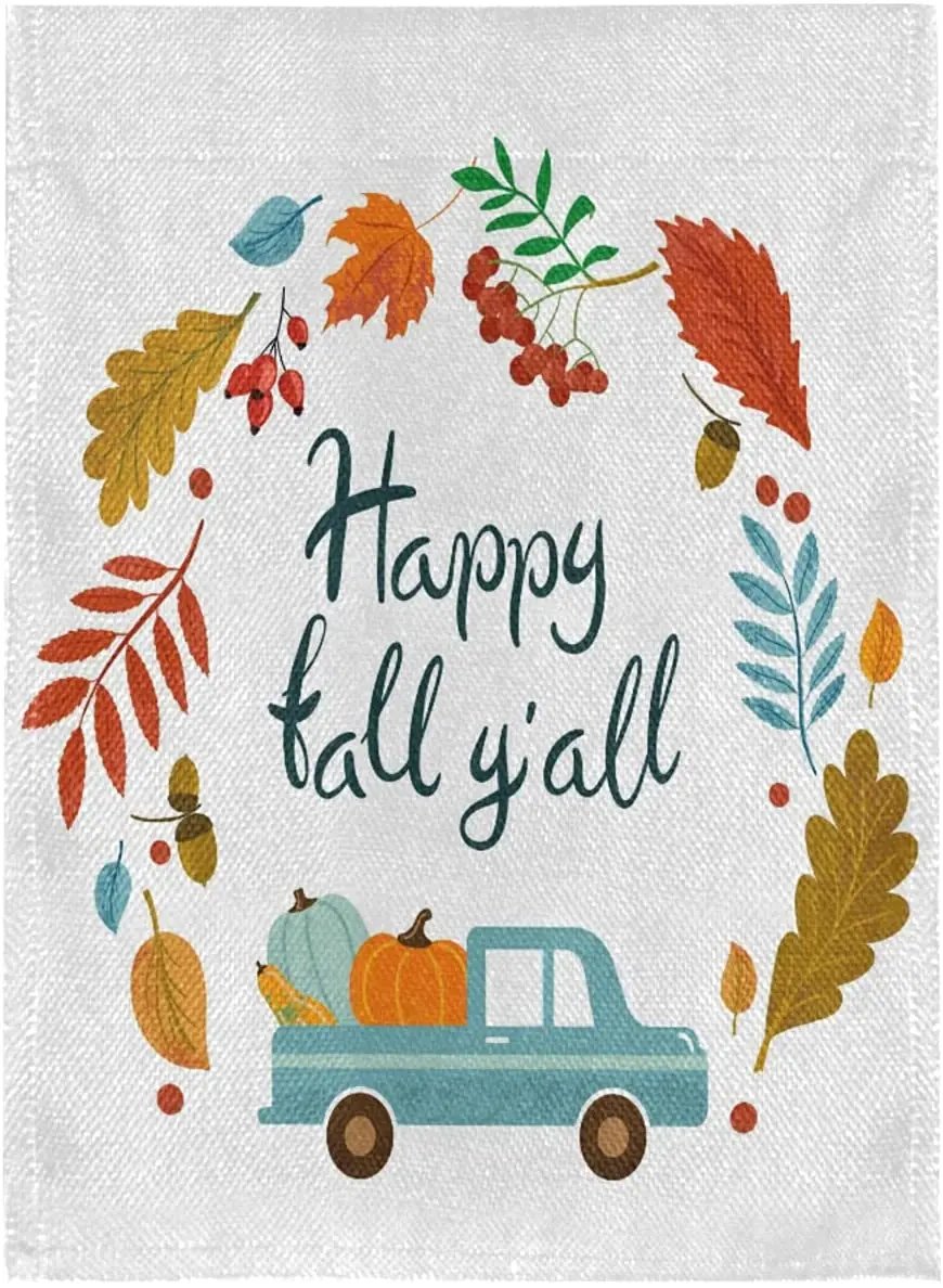 Happy Fall Yall with Car Burlap Garden Flag Double Sided,House Yard Flags,Holiday Seasonal Outdoor Decorative Flag Banner for Ou