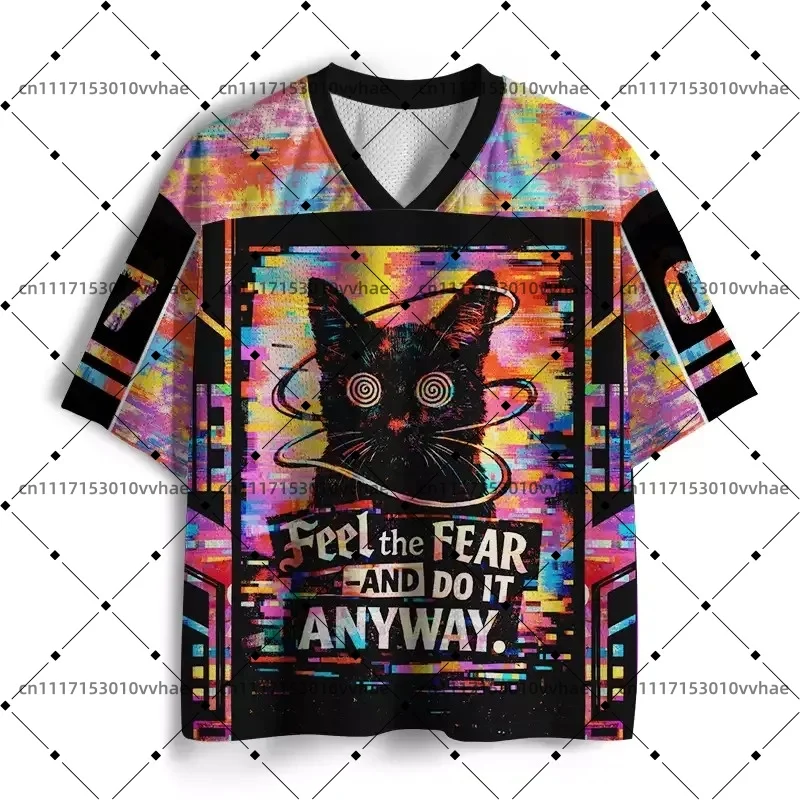 Feel The Fear and Move Forward Mesh Jersey Design Digital Print V-Neck T-Shirt Comfortable Sports Short Sleeve