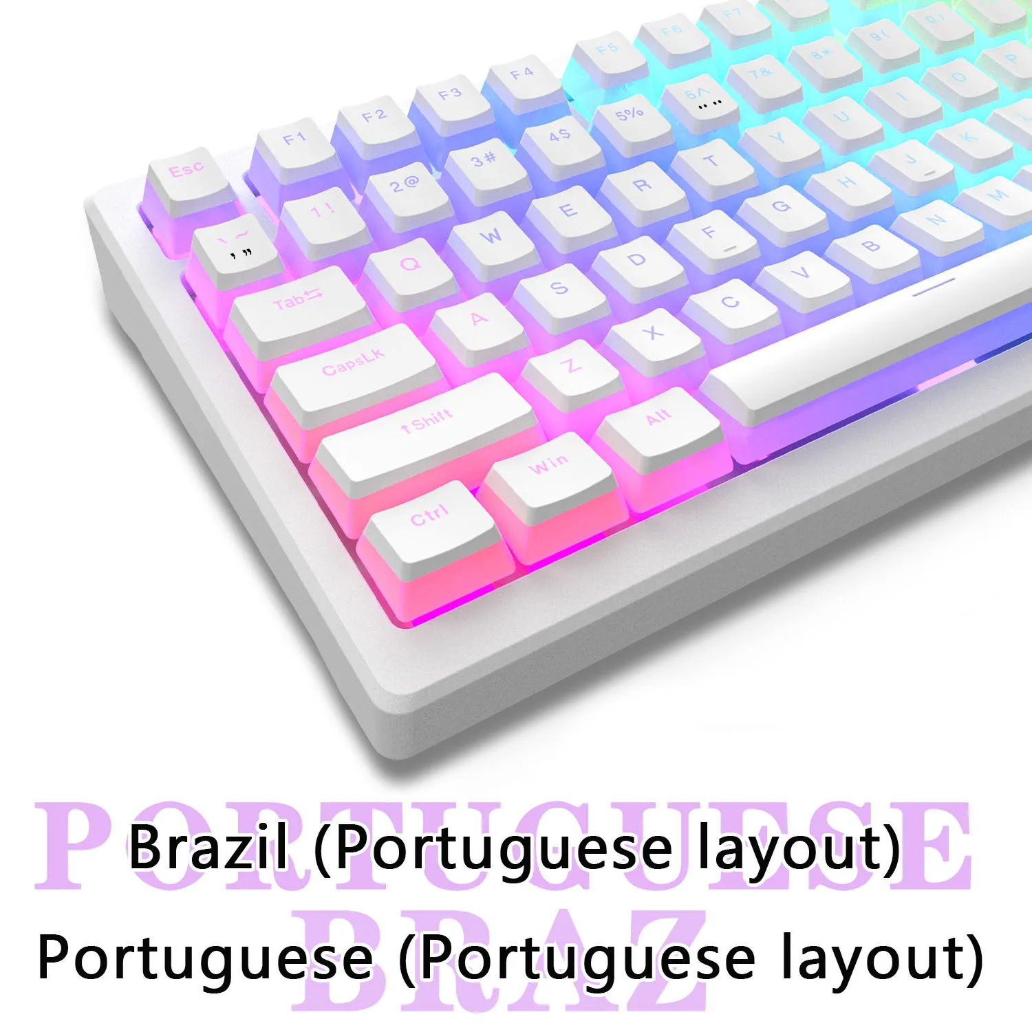 Teclas PBT 129 para layout português (Brasil/Portugal), perfil OEM, mecânicas, translúcidas, com efeito Pudding, dupla cor, compatíveis com ISO.