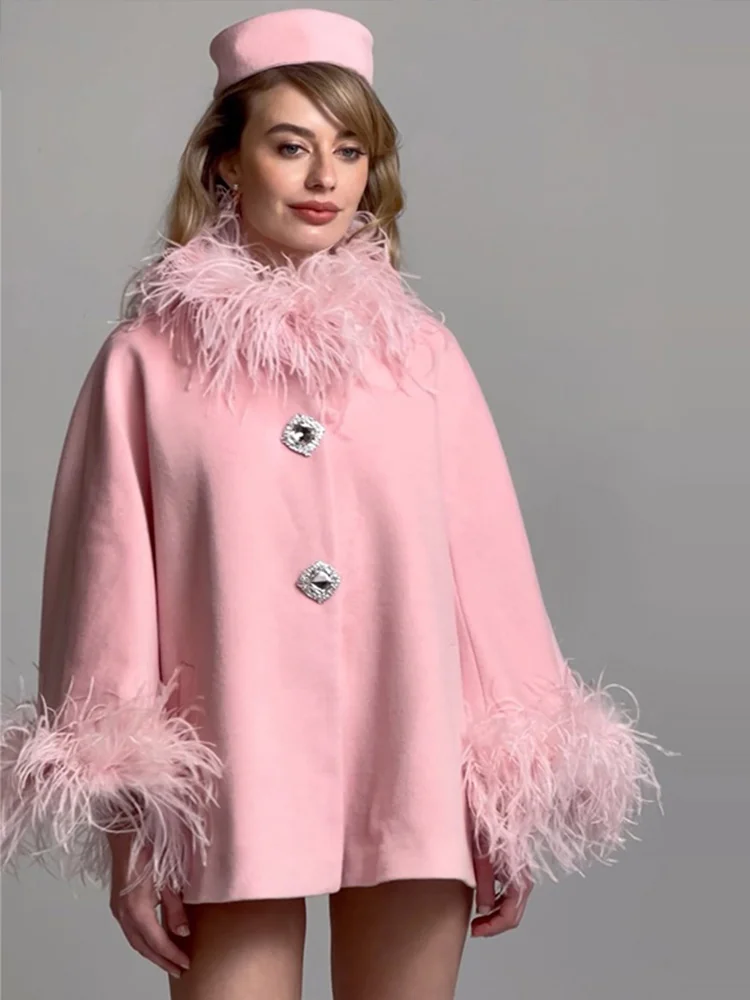 Eleganckie płaszcze z kołnierzem z piór dla kobiet Casual Solid Single Breasted Jackets Lady Autumn Chic Loose High Street Outwear Tops