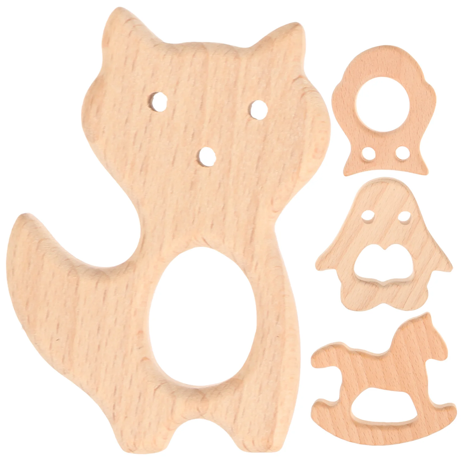 

4 pcs Wooden Teether Natural Wood Baby Teething Animal Shaped For Infant Toddler Safe Chewable Gift Developmental