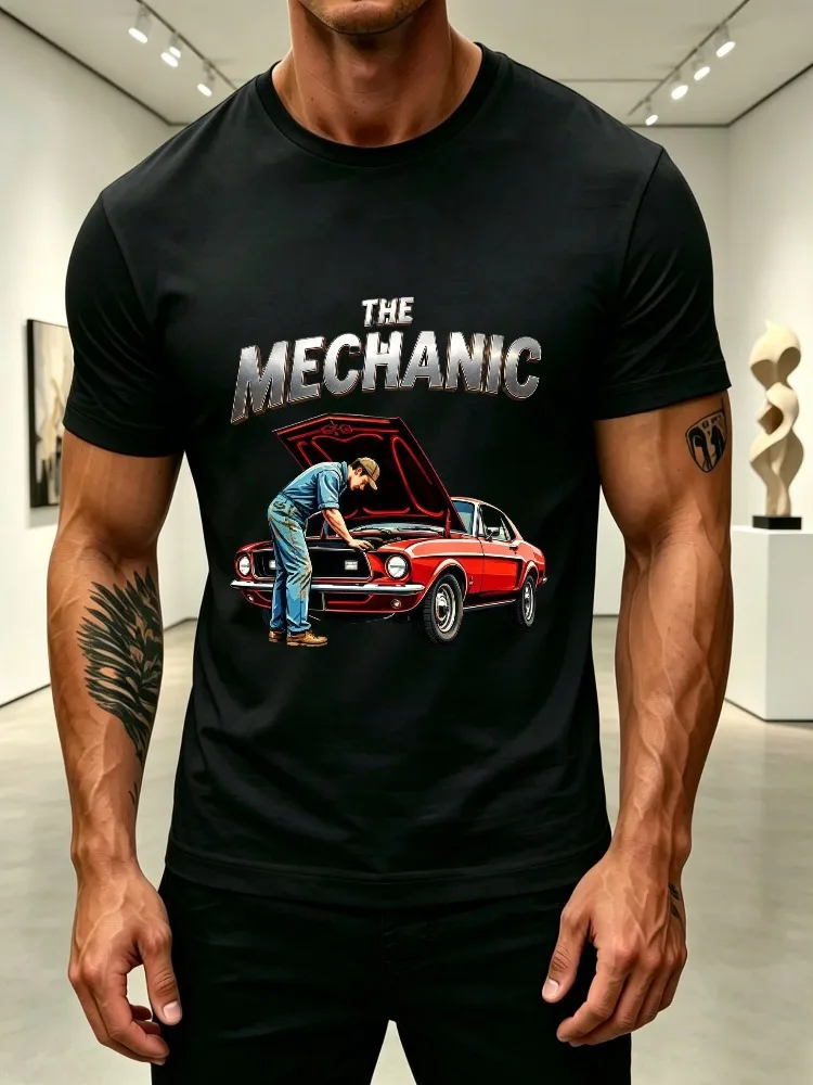 Mens Cotton Crew Neck Tee The Mechanic Retro Muscle Car Graphic Short Sleeve Loose Casual Daily Top For Auto Lover Adult Male