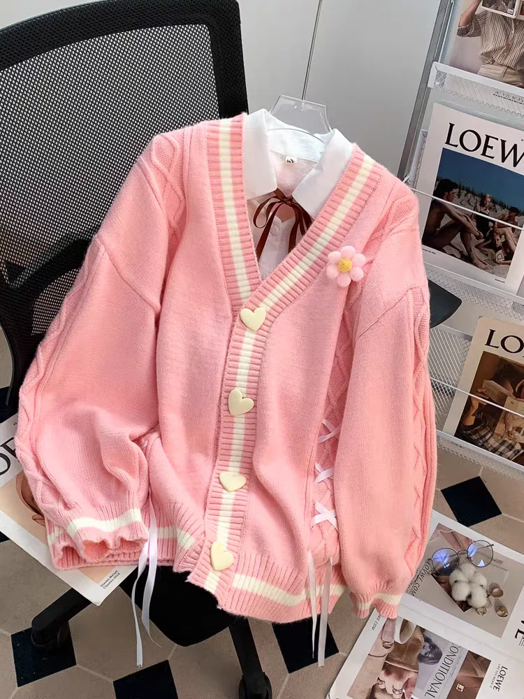 

Women's Bow V-neck Long sleeved Casual Sweater Y2K Cute Harajuku High Street 90s Retro College Sweater Winter Clothing 2025 New