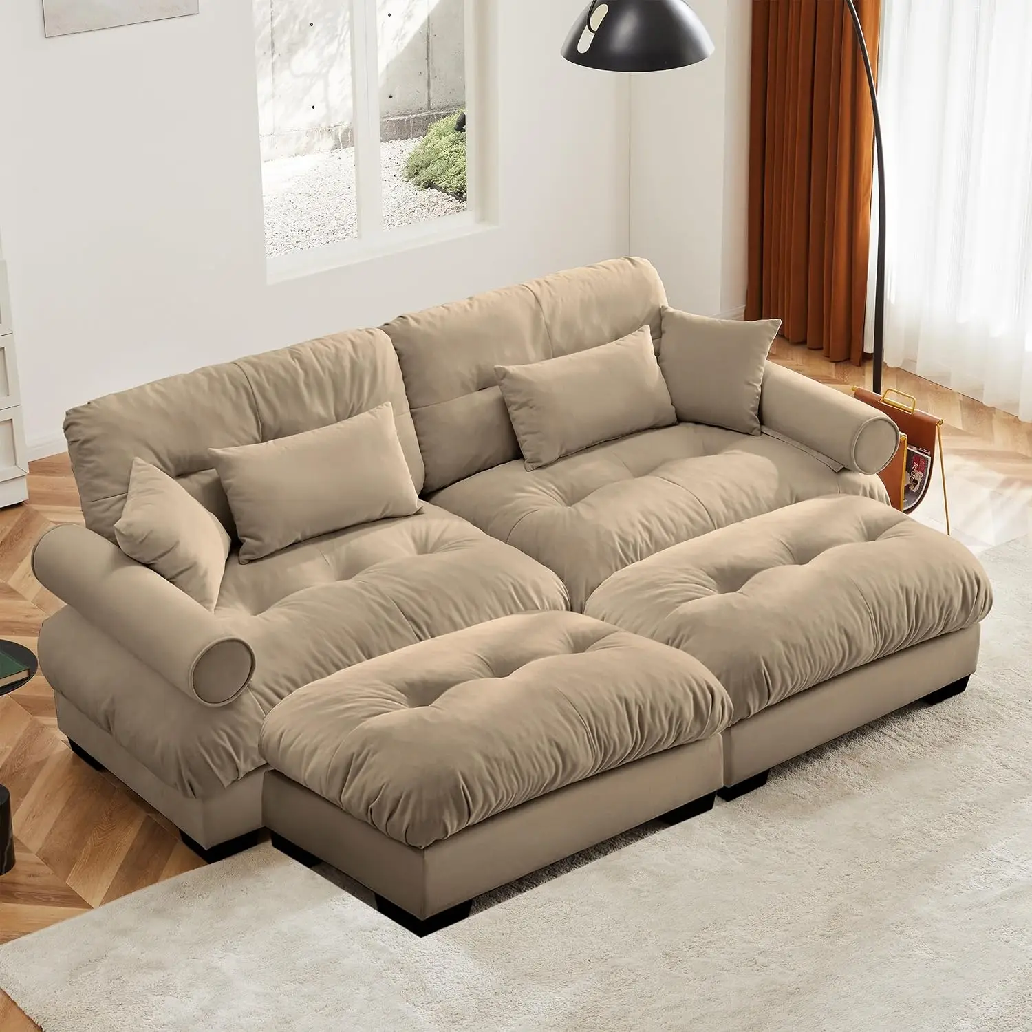Velvet Loveseat Sofa, 2 Seater Modular U Shaped Sectional with Ottoman, Deep Seat Couch for Living Room, Camel, Customized