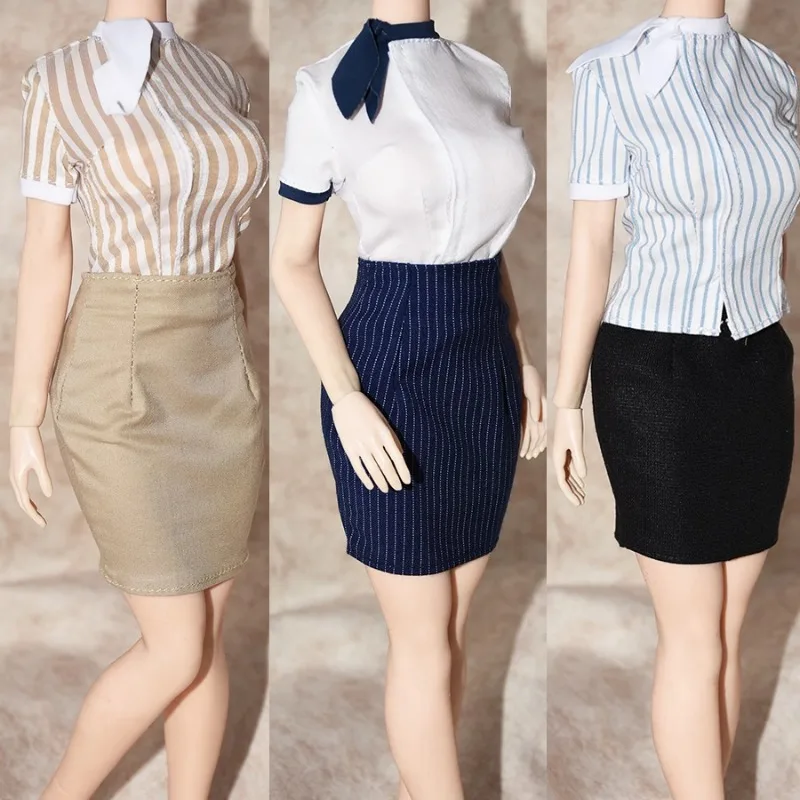 

1/6 Scale Stripe Career Women's Clothing Model Flight Attendant Uniform Shirt Hipskirt for 12'' Female Action Figures Ornament