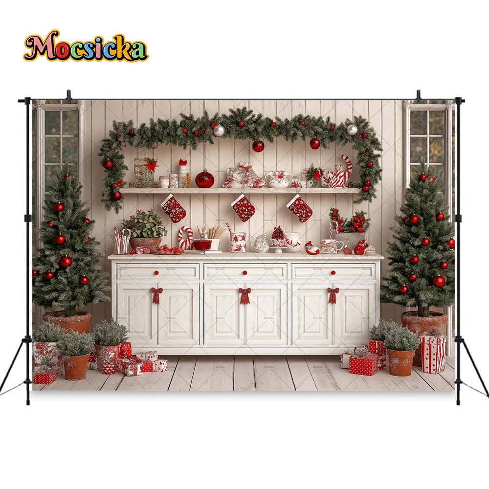 Christmas Kitchen Background Photography White Wooden Cabinet Window Xmas Tree Wreath Backdrop Kids Family Portrait Photobooth