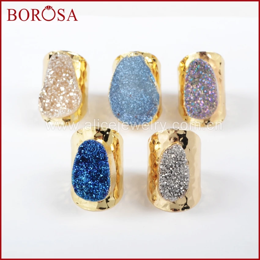 Mixec Colors Gold Plated Oval Natural Agate Titanium Rainbow Druzy Band Ring Fashion Drusy Ring for Men Women Jewelry Gifts