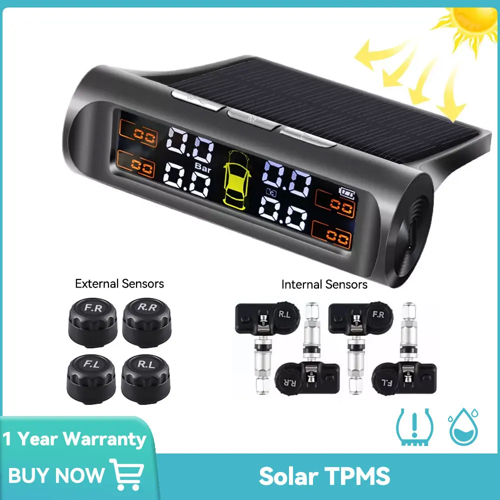 Sensor Solar de presión de neumáticos TPMS, sistema de monitoreo de presión de neumáticos de coche con sensores externos internos de 4 ruedas TMPS