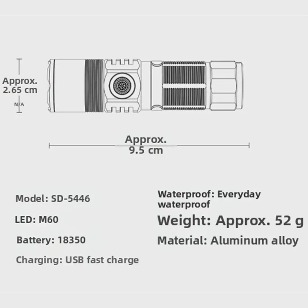 Black silver Magnetic Flashlight Waterproof Aluminum Flashlight Fishing Tool M60 LED Core Aluminum Alloy Shell