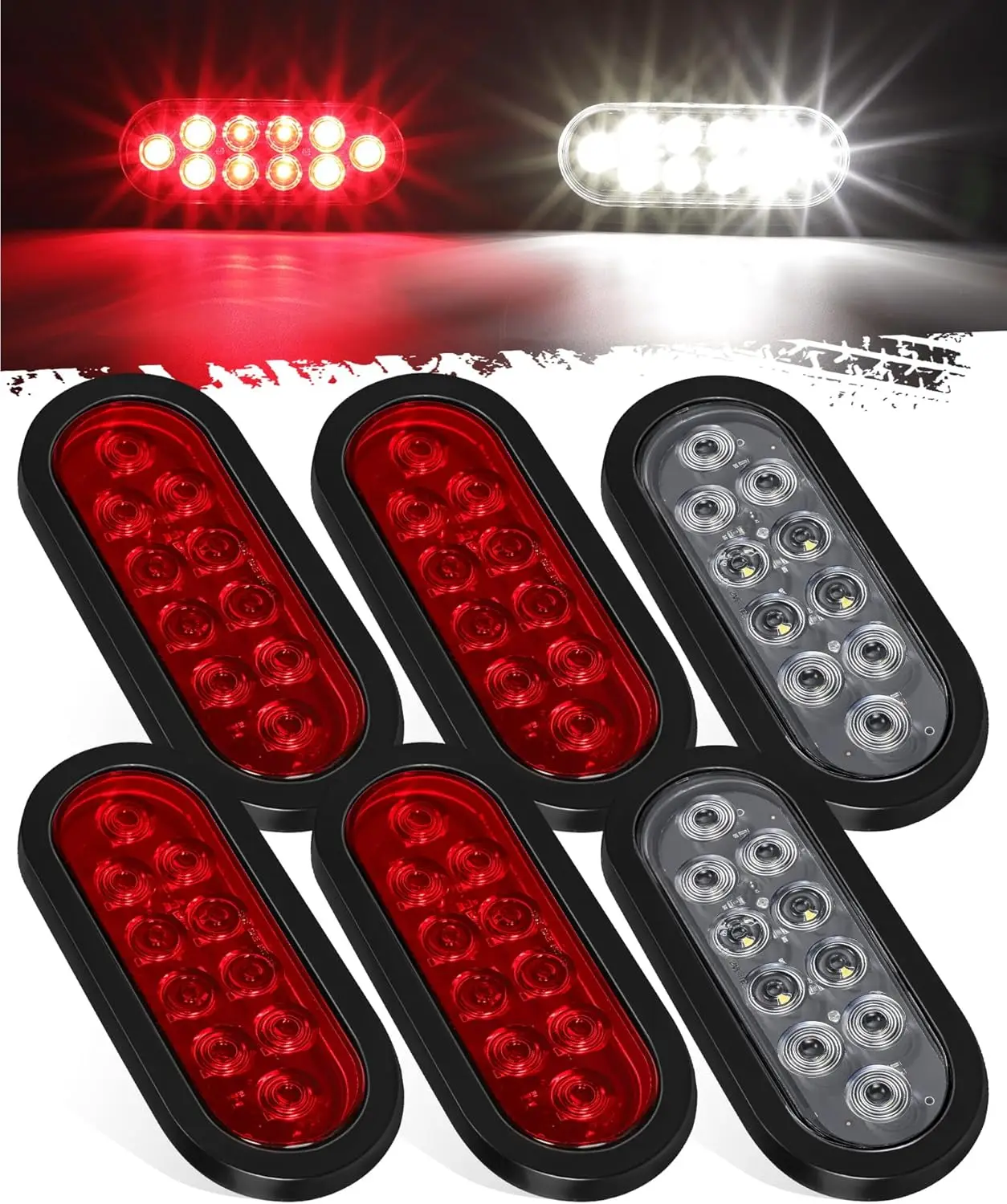 

6x Oval LED Trailer Tail Lights 6' 10LEDs 4Red2White 12V IP67 Flush Mount