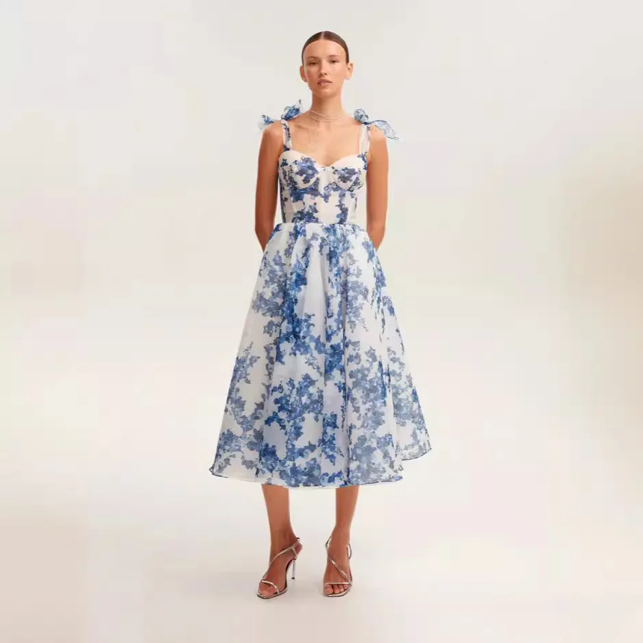 

Women's Clothing Fashion Organza Fairy Long Elegant Evening Sleeveless High Waist Floral Flower Dress Mid Calf Length
