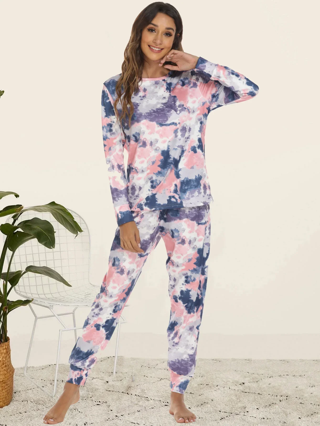 Women's Pajamas Set 2 Piece Tie Dyeing Print Pyjama Sleepwear Spring Summer Long Sleeve Long Pants Pijama Mujer Pjs Homewear