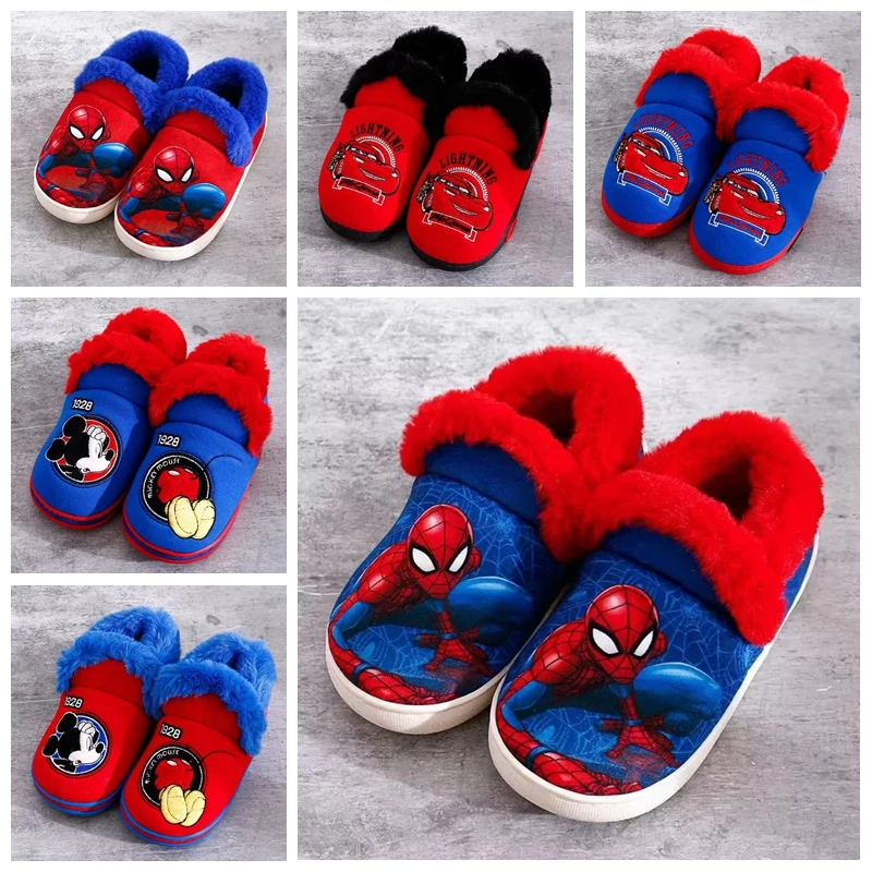 Disney Winter Children Cotton Slipper Kid Boy Girl Cartoon Marvel Spiderman Car Mickey Print Warm Baby Indoor Bedroom Home Shoes