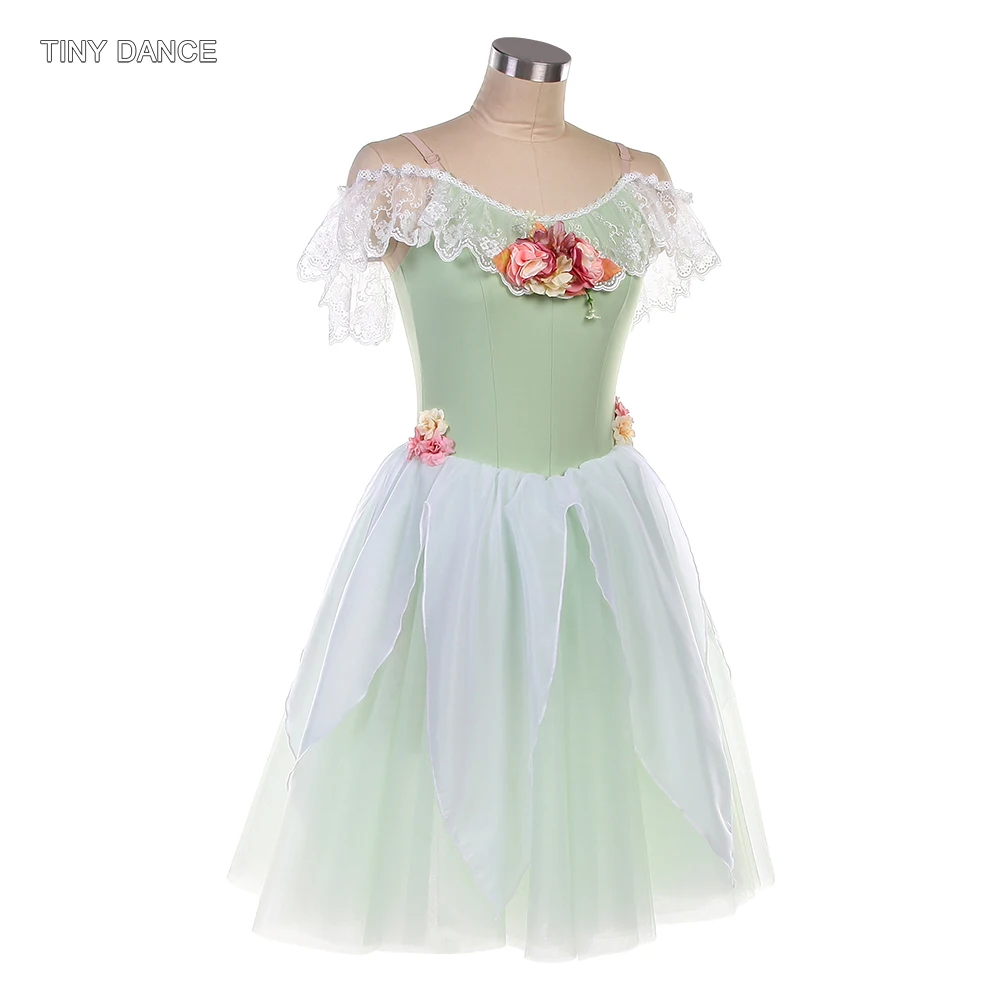 Robe longue de danse de Ballet pour filles adultes, épaules dénudées, Costumes de ballerine vert clair, Tutus romantiques, vêtements de spectacle, 25184