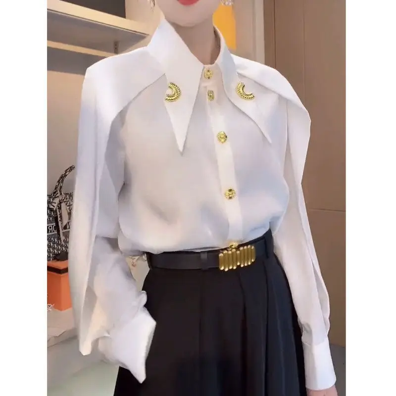 

SuperAen Весна 2026: Новая женская блузка в корейском стиле с отложным воротником, элегантный дизайн, белая, с длинными рукавами, из шифона