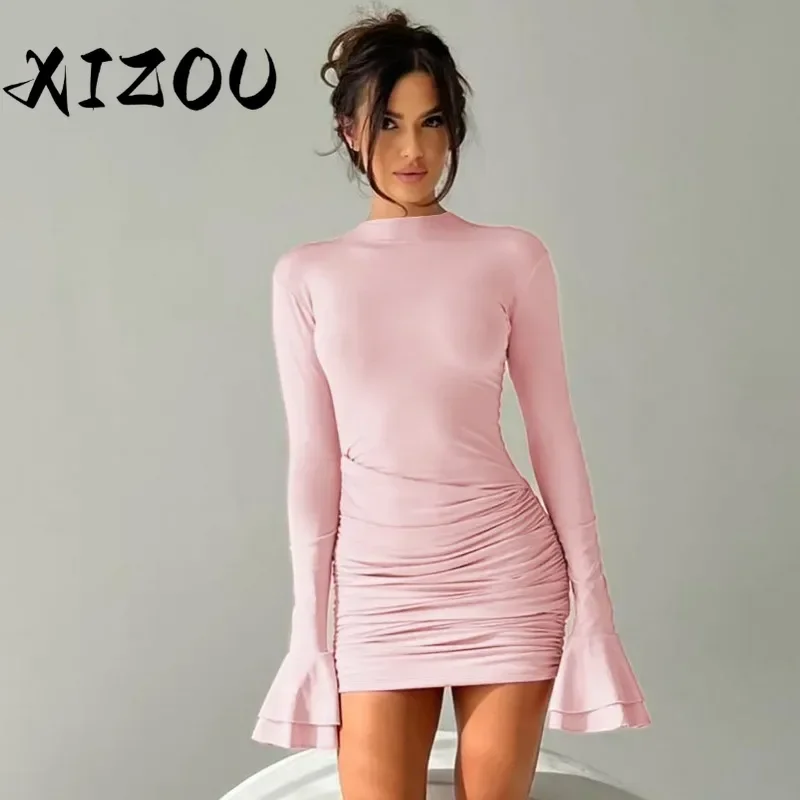 XIZOU O-hals lange uitlopende mouwen ruches bodycon mini-jurk dames effen sexy elegante outfit feest streetwear herfst winter