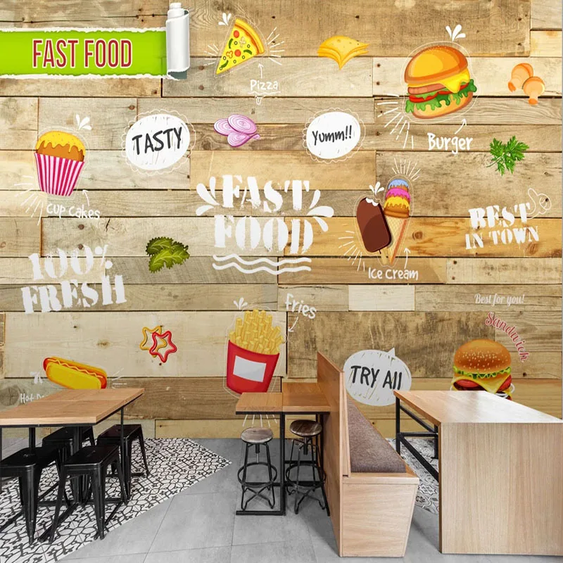 Customized products Mural Wallpaper 3D Fashion Hand-painted Dessert Cake Shop Wood Board Fresco Restaurant hamburger fries pizza
