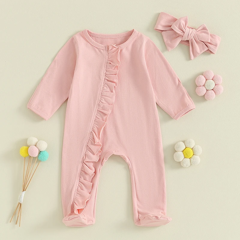 Newborn Baby Girls Footies Outfit Solid Color Long Sleeve Footed Zipper Romper and Headband Set for Infant Spring Fall Clothes